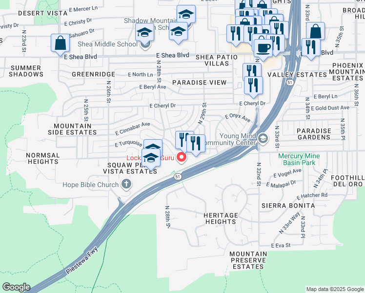 map of restaurants, bars, coffee shops, grocery stores, and more near 2826 East Turquoise Avenue in Phoenix
