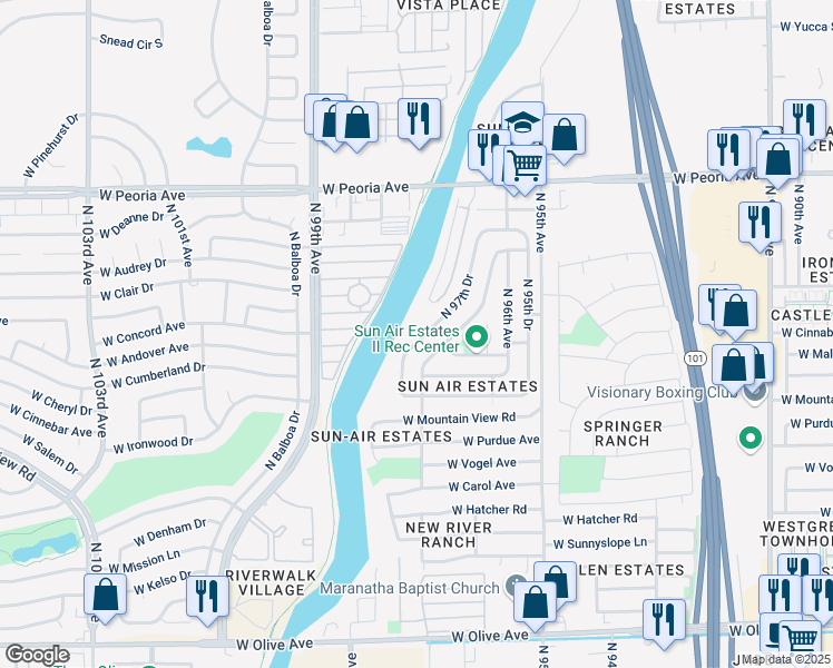 map of restaurants, bars, coffee shops, grocery stores, and more near 10110 North 97th Drive in Peoria
