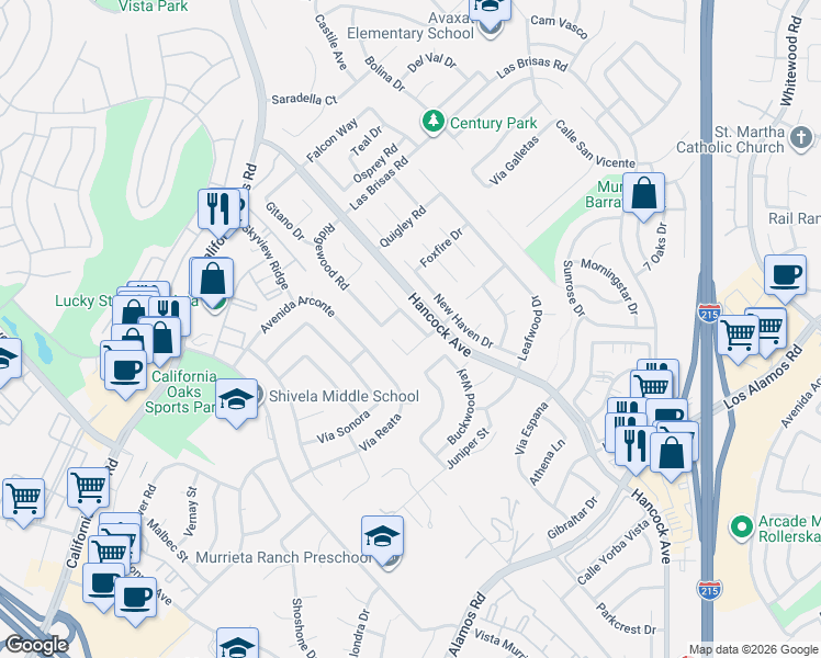 map of restaurants, bars, coffee shops, grocery stores, and more near 24576 Westhaven Court in Murrieta