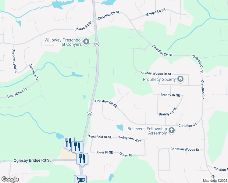 map of restaurants, bars, coffee shops, grocery stores, and more near 1111 Louise Court Southeast in Conyers
