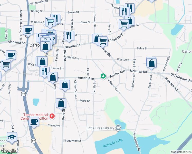 map of restaurants, bars, coffee shops, grocery stores, and more near 402 Austin Avenue in Carrollton