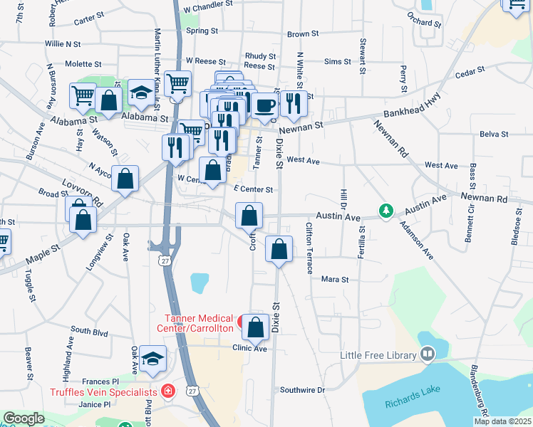 map of restaurants, bars, coffee shops, grocery stores, and more near 315 Dixie Street in Carrollton