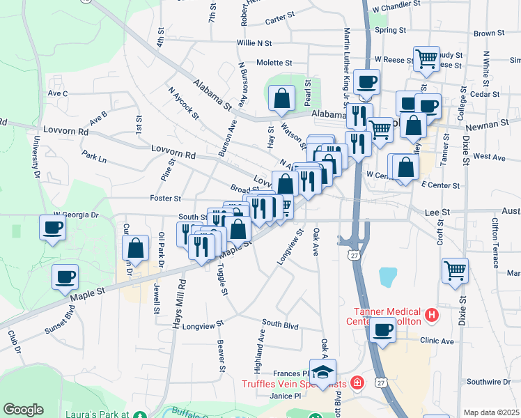 map of restaurants, bars, coffee shops, grocery stores, and more near 210 Matthews Avenue in Carrollton