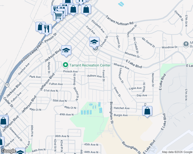 map of restaurants, bars, coffee shops, grocery stores, and more near 1453 Auburn Avenue in Birmingham