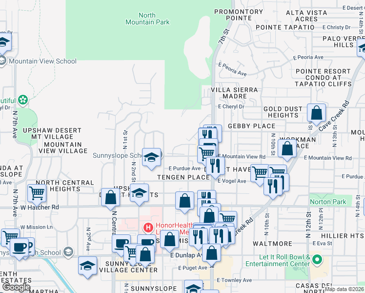 map of restaurants, bars, coffee shops, grocery stores, and more near 421 East Ironwood Drive in Phoenix