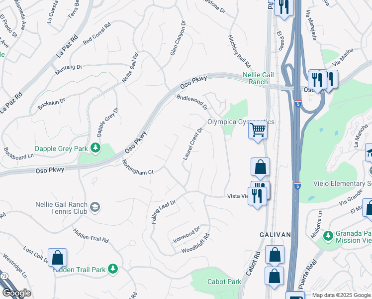 map of restaurants, bars, coffee shops, grocery stores, and more near 26661 Laurel Crest Drive in Laguna Hills