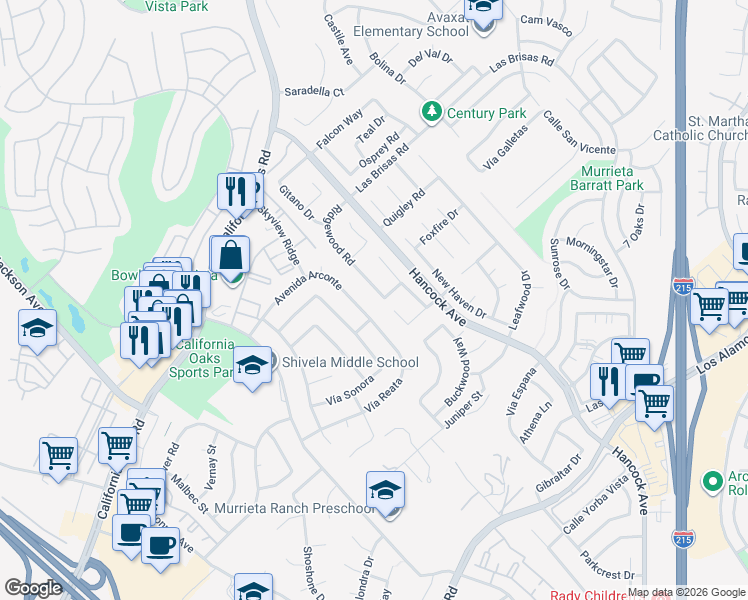 map of restaurants, bars, coffee shops, grocery stores, and more near 24529 Ridgewood Road in Murrieta