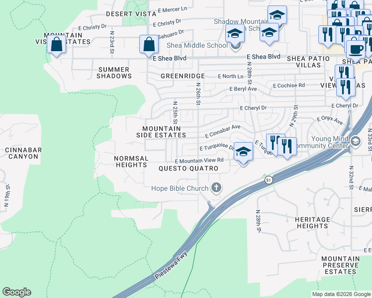 map of restaurants, bars, coffee shops, grocery stores, and more near 2516 East Turquoise Avenue in Phoenix