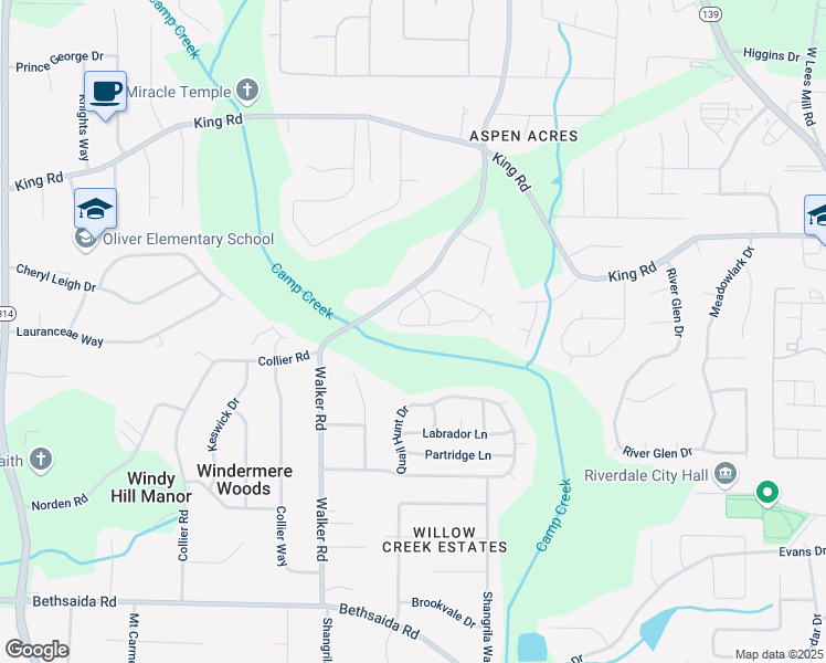 map of restaurants, bars, coffee shops, grocery stores, and more near 1308 Creekview Circle in Riverdale