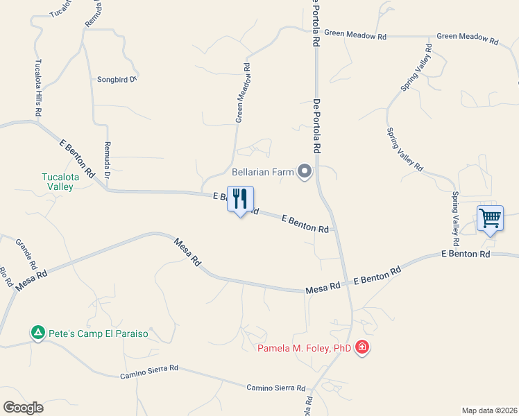 map of restaurants, bars, coffee shops, grocery stores, and more near 38766 East Benton Road in Temecula