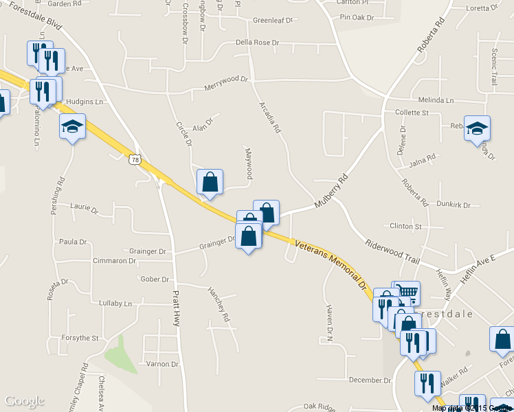map of restaurants, bars, coffee shops, grocery stores, and more near 2127 Maywood Dr in Birmingham