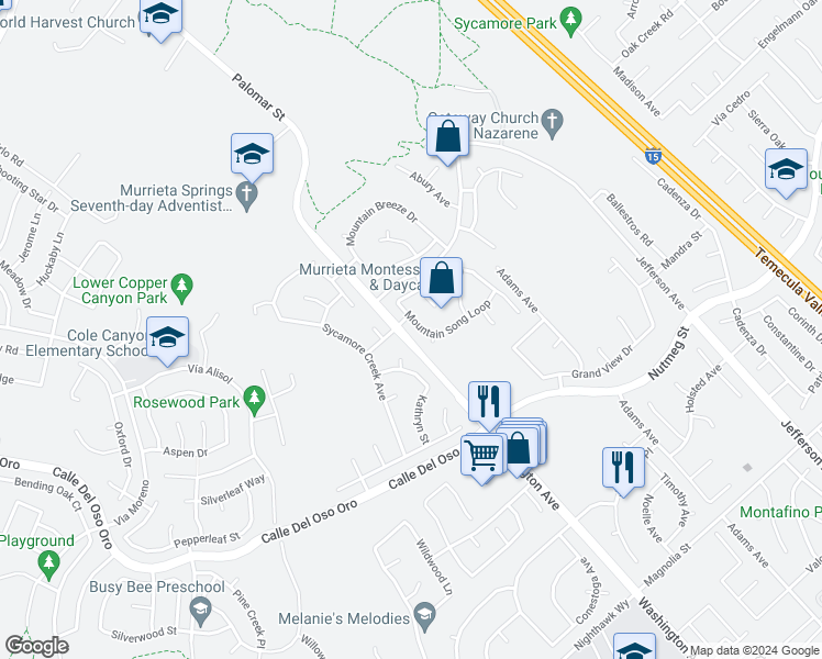 map of restaurants, bars, coffee shops, grocery stores, and more near 23403 Mountain Song Loop in Murrieta