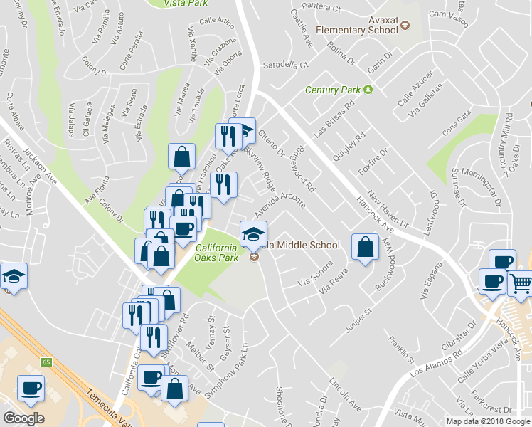 map of restaurants, bars, coffee shops, grocery stores, and more near 24421 Avenida Arconte in Murrieta