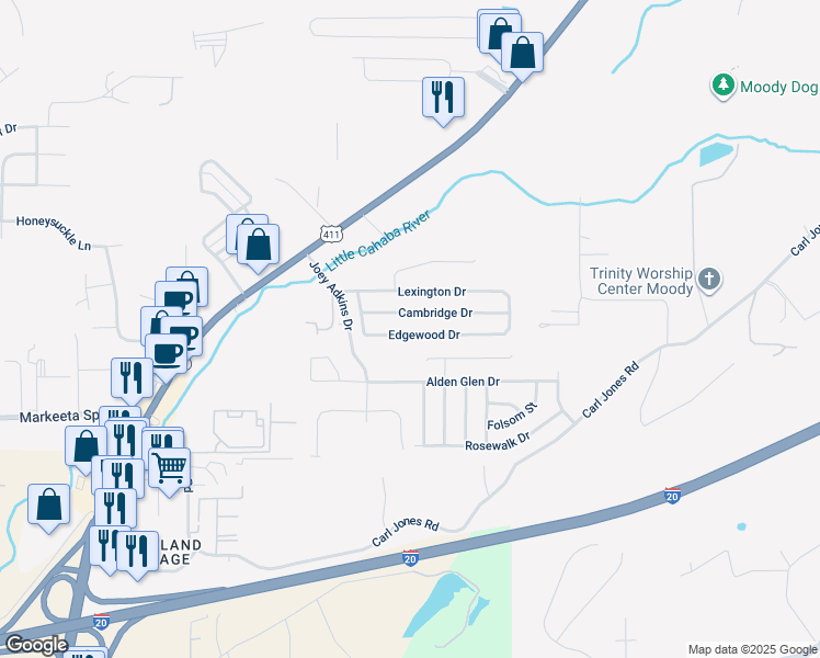 map of restaurants, bars, coffee shops, grocery stores, and more near 2041 Edgewood Drive in Moody