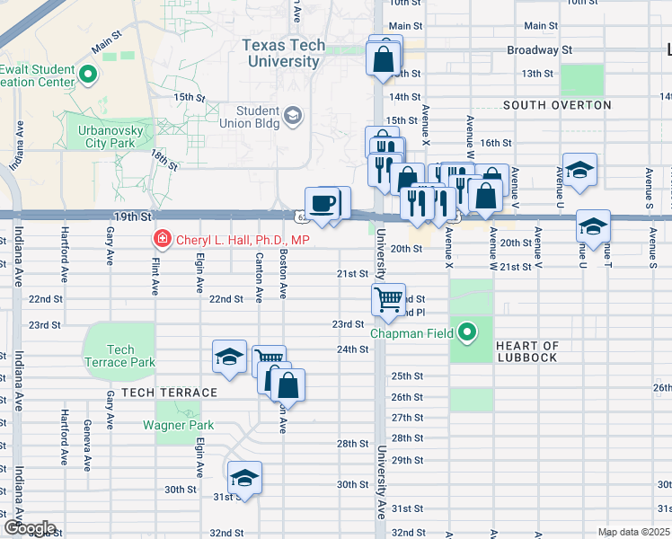 map of restaurants, bars, coffee shops, grocery stores, and more near 2522 21st Street in Lubbock