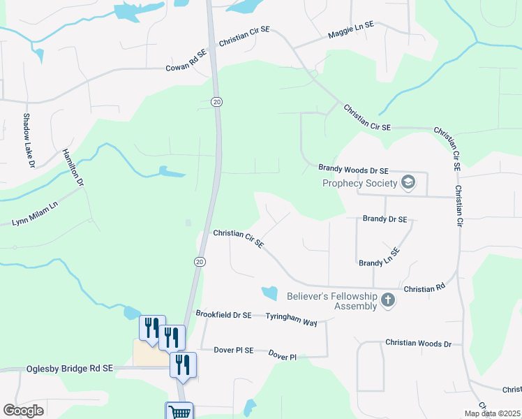 map of restaurants, bars, coffee shops, grocery stores, and more near 1111 Louise Court Southeast in Conyers