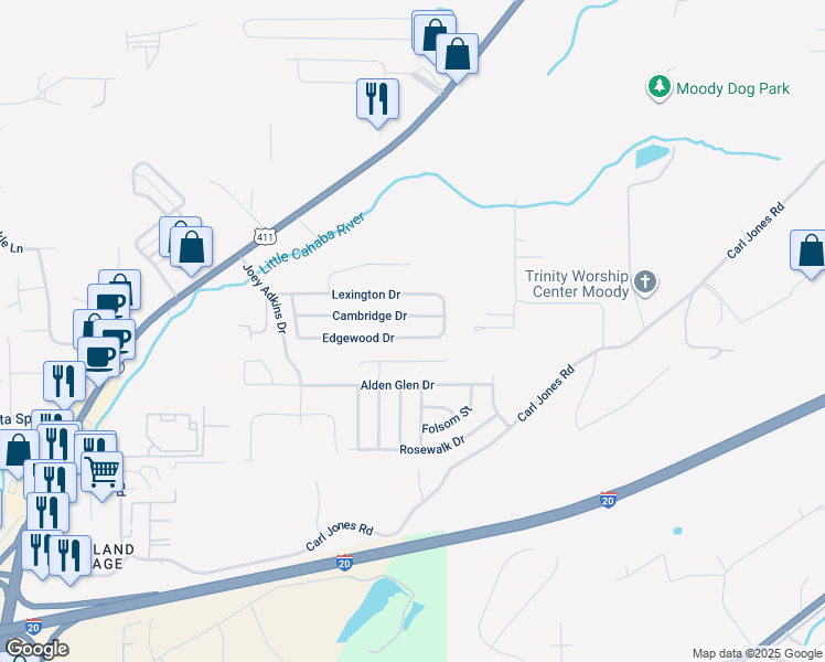 map of restaurants, bars, coffee shops, grocery stores, and more near 4056 Cambridge Drive in Moody