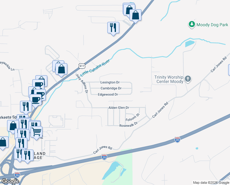 map of restaurants, bars, coffee shops, grocery stores, and more near 2057 Edgewood Drive in Moody