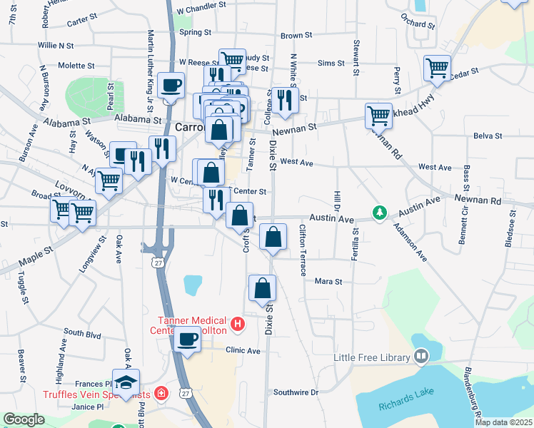 map of restaurants, bars, coffee shops, grocery stores, and more near 315 Dixie Street in Carrollton
