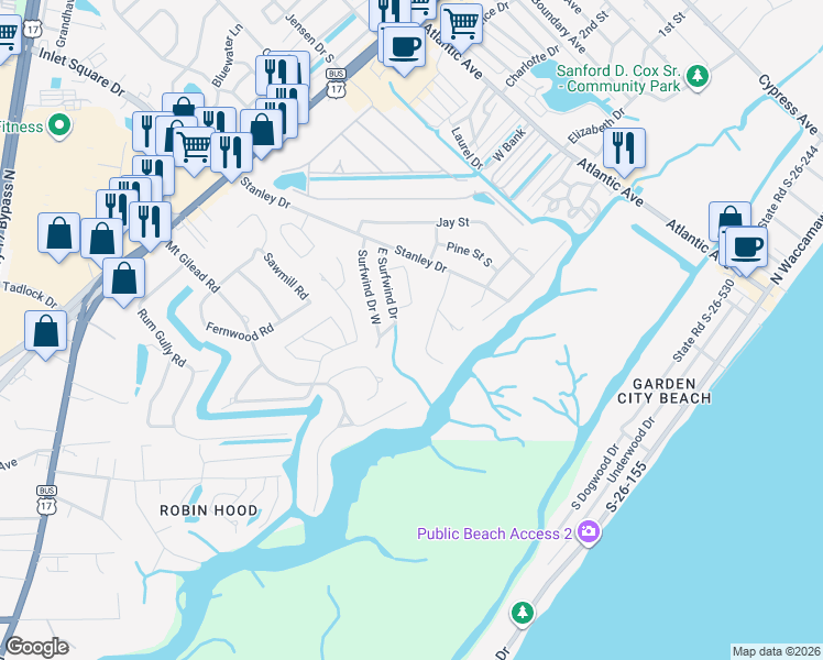 map of restaurants, bars, coffee shops, grocery stores, and more near 455 Surfwind Drive West in Murrells Inlet