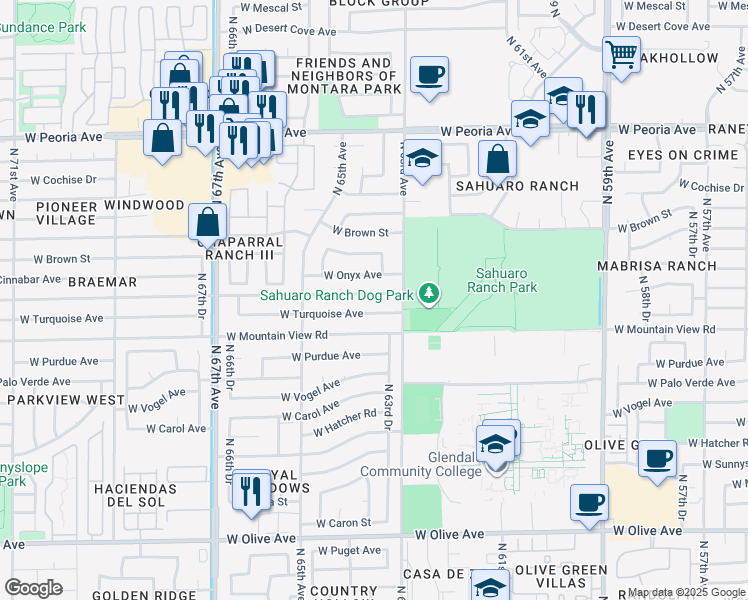 map of restaurants, bars, coffee shops, grocery stores, and more near 6310 West Ironwood Drive in Glendale