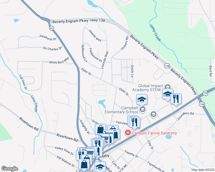 map of restaurants, bars, coffee shops, grocery stores, and more near 270 Elder Street in Fairburn