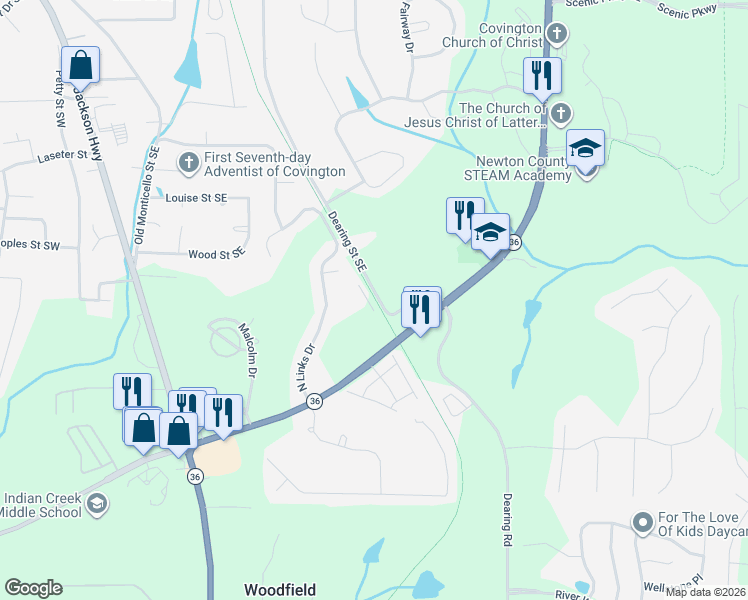 map of restaurants, bars, coffee shops, grocery stores, and more near 10193 Dearing Street Southeast in Covington