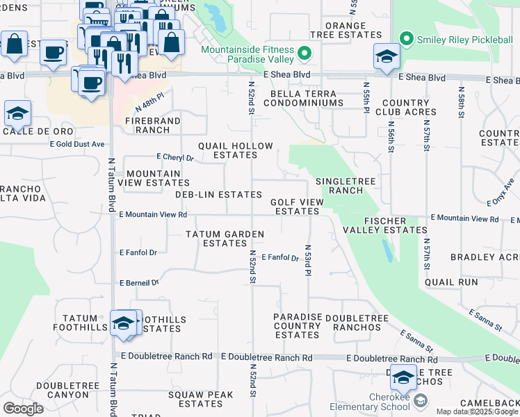 map of restaurants, bars, coffee shops, grocery stores, and more near 5202 East Mountain View Road in Paradise Valley