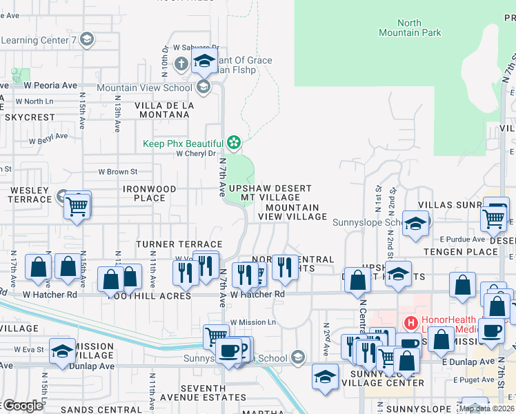 map of restaurants, bars, coffee shops, grocery stores, and more near 9829 North 5th Avenue in Phoenix