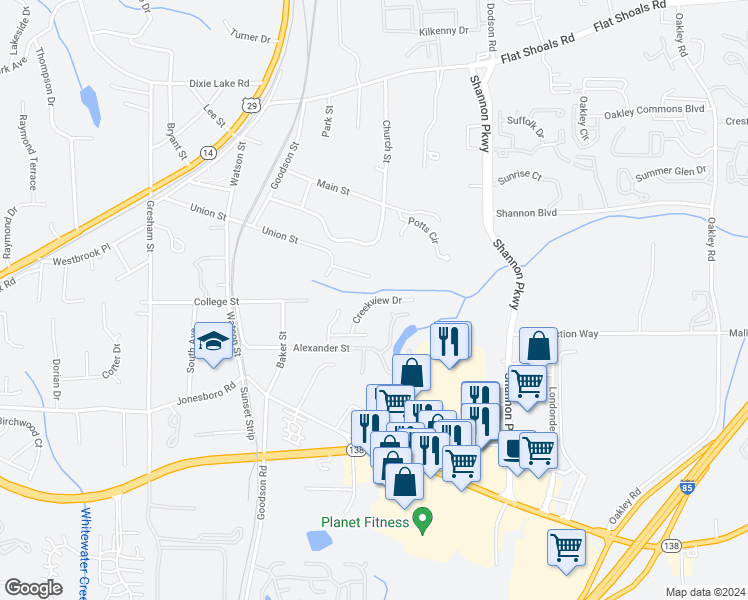 map of restaurants, bars, coffee shops, grocery stores, and more near Creekview Drive in Union City