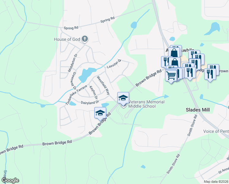 map of restaurants, bars, coffee shops, grocery stores, and more near 445 Spring Lake Terrace in Covington