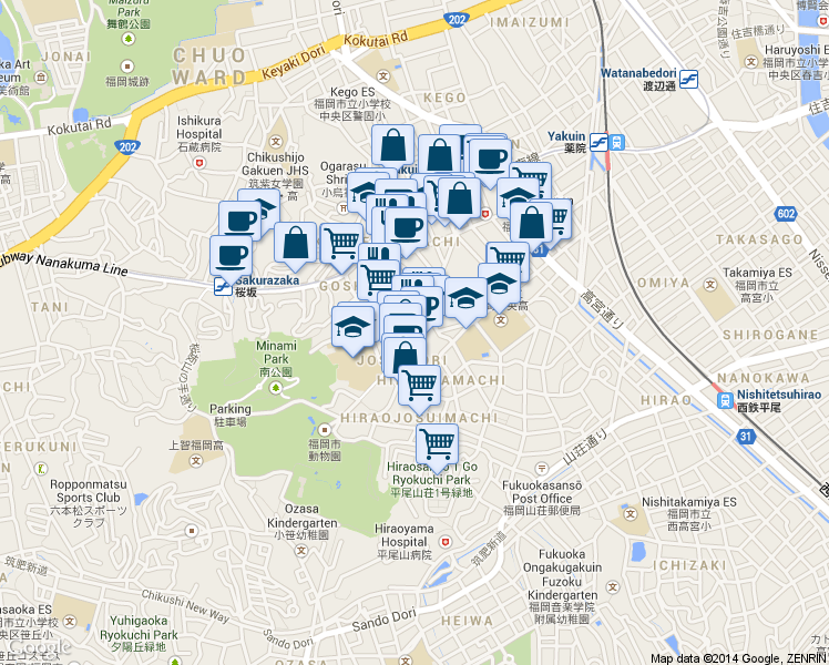 map of restaurants, bars, coffee shops, grocery stores, and more near  in Fukuoka