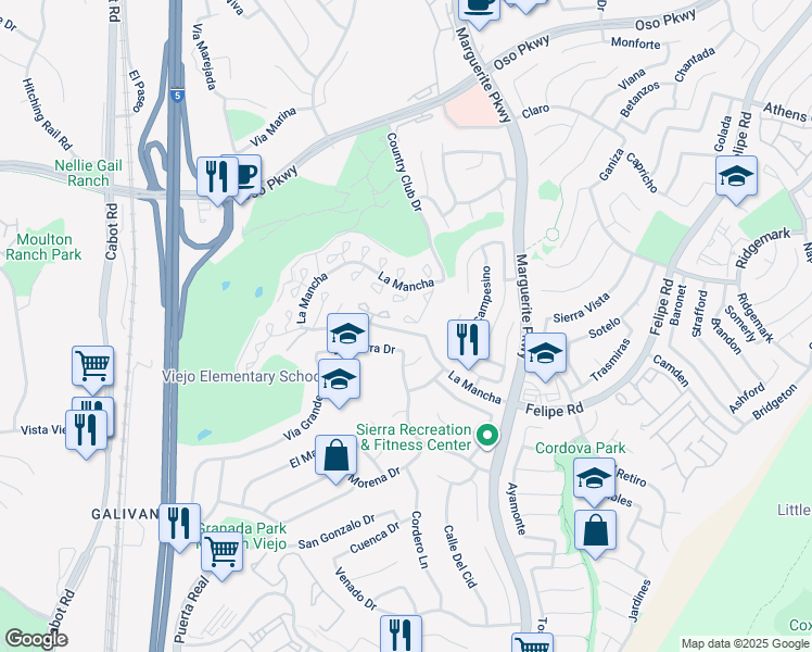 map of restaurants, bars, coffee shops, grocery stores, and more near 26646 Guadiana in Mission Viejo