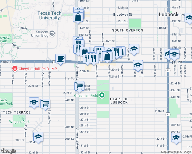 map of restaurants, bars, coffee shops, grocery stores, and more near 2408 21st Street in Lubbock