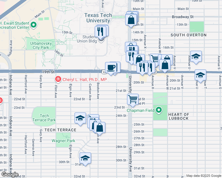 map of restaurants, bars, coffee shops, grocery stores, and more near 2618 21st Street in Lubbock