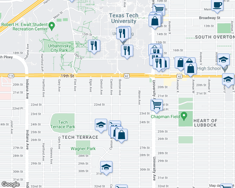 map of restaurants, bars, coffee shops, grocery stores, and more near 2702 21st Street in Lubbock