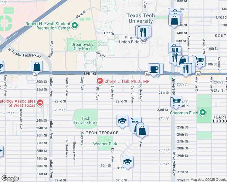 map of restaurants, bars, coffee shops, grocery stores, and more near 2912 21st Street in Lubbock
