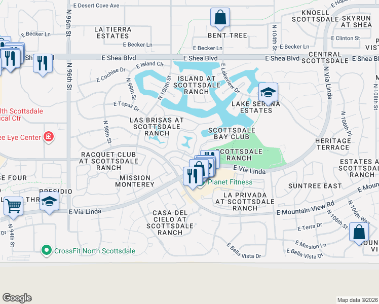 map of restaurants, bars, coffee shops, grocery stores, and more near 10050 East Mountain View Lake Drive in Scottsdale