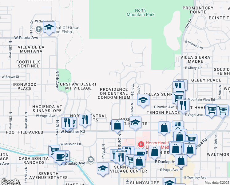 map of restaurants, bars, coffee shops, grocery stores, and more near 9820 North Central Avenue in Phoenix