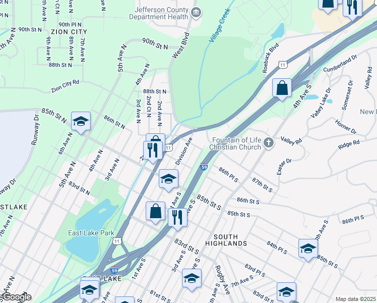 map of restaurants, bars, coffee shops, grocery stores, and more near 8624 Division Avenue in Birmingham