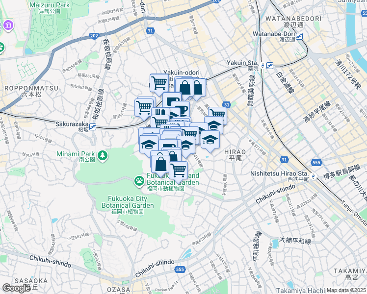 map of restaurants, bars, coffee shops, grocery stores, and more near  in Fukuoka-shi
