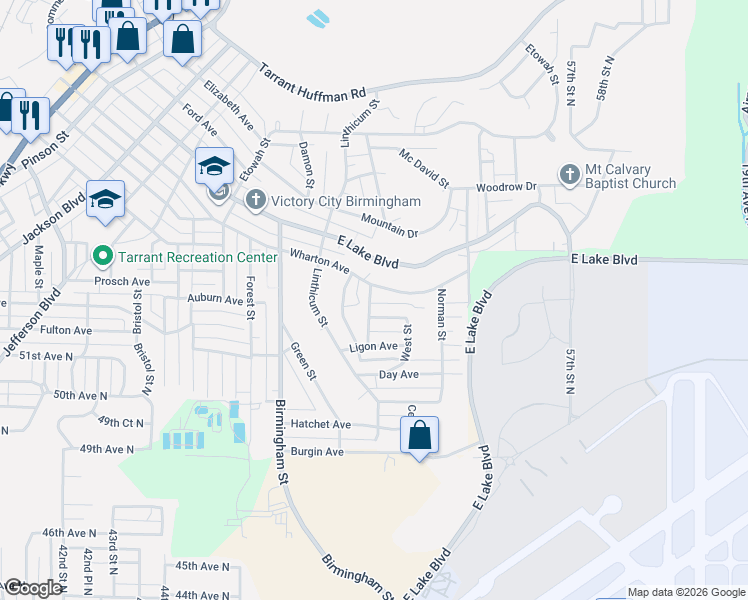 map of restaurants, bars, coffee shops, grocery stores, and more near 1801 Wharton Avenue in Birmingham
