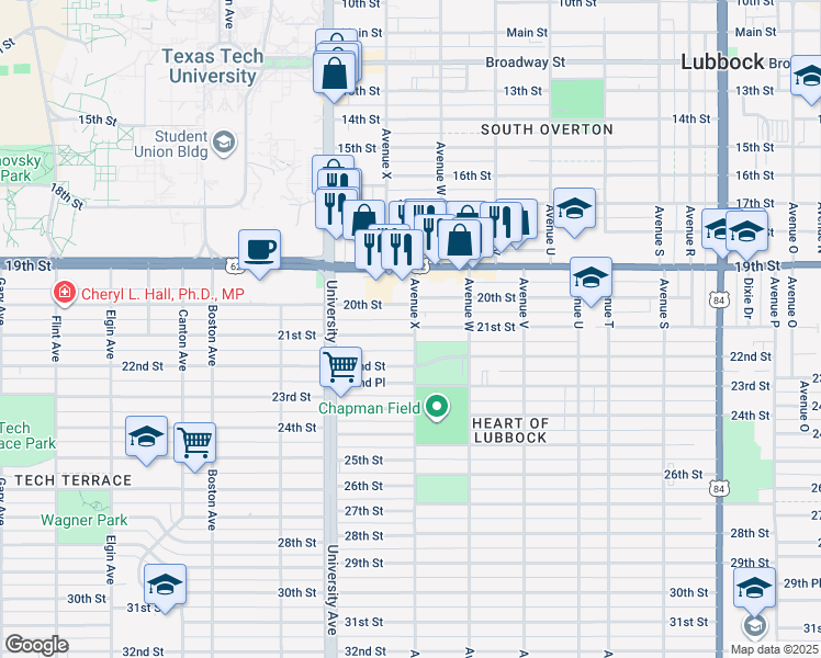 map of restaurants, bars, coffee shops, grocery stores, and more near 2408 21st Street in Lubbock