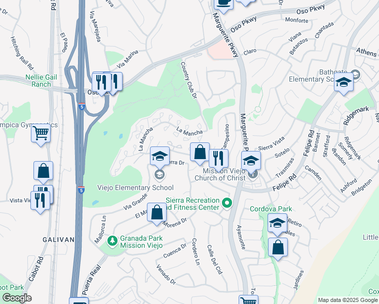 map of restaurants, bars, coffee shops, grocery stores, and more near 26646 Guadiana in Mission Viejo