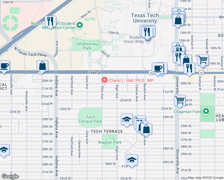 map of restaurants, bars, coffee shops, grocery stores, and more near 3010 21st Street in Lubbock