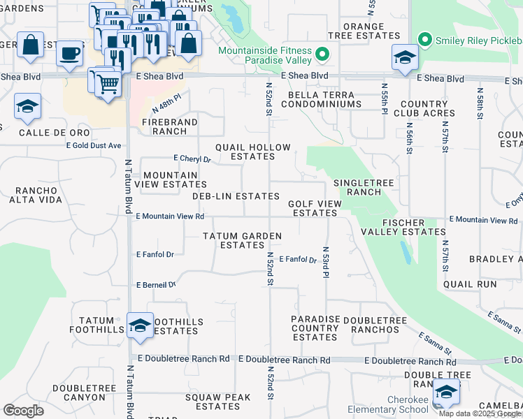 map of restaurants, bars, coffee shops, grocery stores, and more near 5202 East Mountain View Road in Paradise Valley
