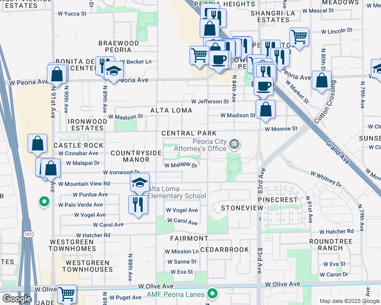 map of restaurants, bars, coffee shops, grocery stores, and more near 8563 West Cinnabar Avenue in Peoria