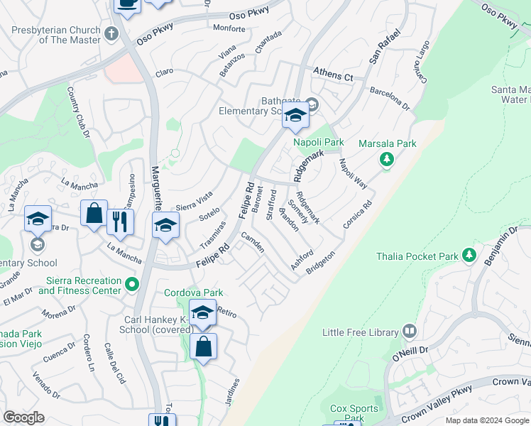 map of restaurants, bars, coffee shops, grocery stores, and more near 26631 Strafford in Mission Viejo