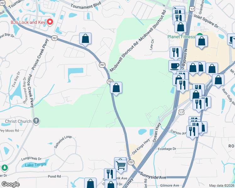 map of restaurants, bars, coffee shops, grocery stores, and more near 12408 Burgess Road in Murrells Inlet