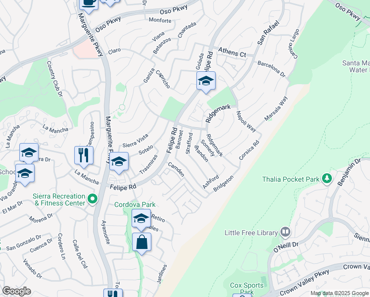 map of restaurants, bars, coffee shops, grocery stores, and more near 26631 Strafford in Mission Viejo
